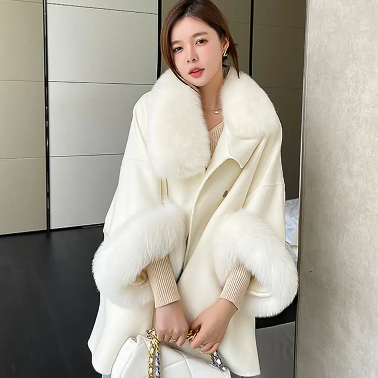 Hot Selling Autumn Winter Warm Girls Wool Trench Luxury Soft Womens Cashmere Coats With Real Fox Fur