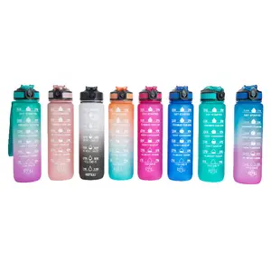 Botol air olahraga, 1L 32OZ bebas BPA Tritan botol air motivasi tahan bocor dengan penanda waktu
