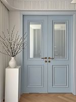 Porte d'entrée à double panneau de style classique moderne, finition laquée bleue brillante, porte en bois composite avec verre