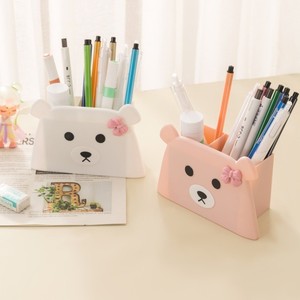 Cute Bear Pen Holder Desktop Stationery Storage Box Double Compartment White And Pink For Office School Use - Product Image 2