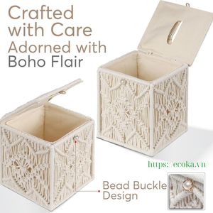 Boîte à mouchoirs en macramé bohème, tissée à la main, en coton, carrée, prix avantageux, provenance Vietnam - Product Image 5