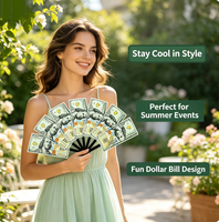 Éventail pliable promotionnel en plastique de 23 cm avec logo personnalisé, motif dollar, pour festivals, vente en gros