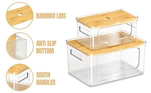 3pcs Clear Stackable Open Front Storage <b>Containers</b> Racks <b>Bamboo</b> Lids Kitchen Pantry Fridge Organizer PET Plastic Bins Modern - Product Image 3