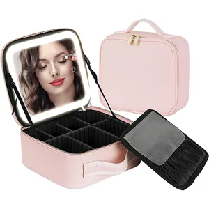 Bolsa de maquillaje iluminada con logotipo personalizado, estuche de maquillaje con espejo, Led, organizador de viaje