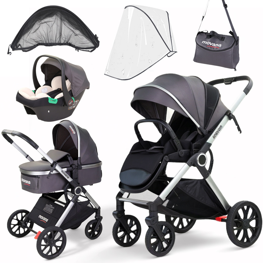 Poussette 3-en-1 grise + nacelle rigide + porte-bébé voiture