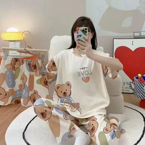 Women's 3-Piece Korean Style Pajama Set O-Neck <strong>Top</strong>, Shorts &amp; Long Pants, <strong>Silky</strong> Soft Cartoon Print Summer Lounge Wear - Product Image 2
