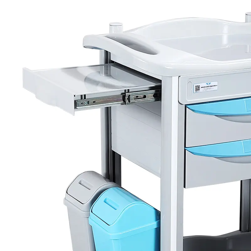병원 ABS 플라스틱 임상 트롤리 서랍 자동 범용 휠 치료 트롤리가있는 의료용 3 층 간호 트롤리