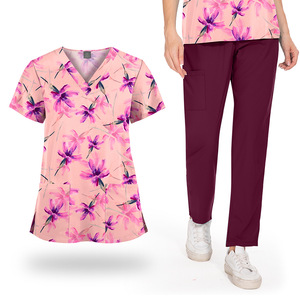 Ensembles d'uniformes médicaux en tissu tissé polyester élasthanne, haut imprimé floral à col en V et manches courtes, pour personnel de santé, hôpitaux, infirmières, nounous, unisexe - Product Image 1