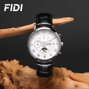Reloj de Pulsera FIDI para Hombre, Cronógrafo de Cuarzo, Correa de Cuero, Fase Lunar, Calendario, Esfera con Números Romanos, Casual, de Negocios, Personalizado - Product Image 1