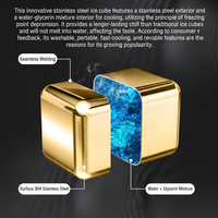 Cubes de refroidissement réutilisables en acier inoxydable 304 de qualité alimentaire, blocs de glace carrés dorés, boîte cadeau avec pince en silicone et outil de bar