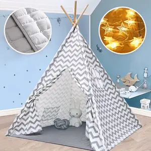 Kids Foldable Teepee Tent for Indoor Outdoor with Mat & Light String, , Grey Canvas Teepee, Portable Playhouse