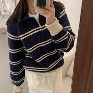 Suéter de punto a rayas con cuello medio cremallera, talla única, estilo coreano, ropa informal de moda para otoño e invierno para mujer - Product Image 2