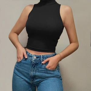 Canotta Aderente Estiva alla Moda con Logo Personalizzato, Sexy Top Bianco in Cotone a Costine con Collo Alto per Donne - Product Image 1