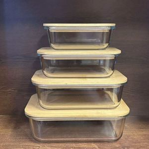 High Borosilicate Glass Bamboo Wood Lid Rectangle Single Tier Fresh-Keeping <b>Lunch</b> <b>Box</b> Set Microwave Safe Sealed Office <b>Lunch</b> <b>Box</b> - Product Image 1