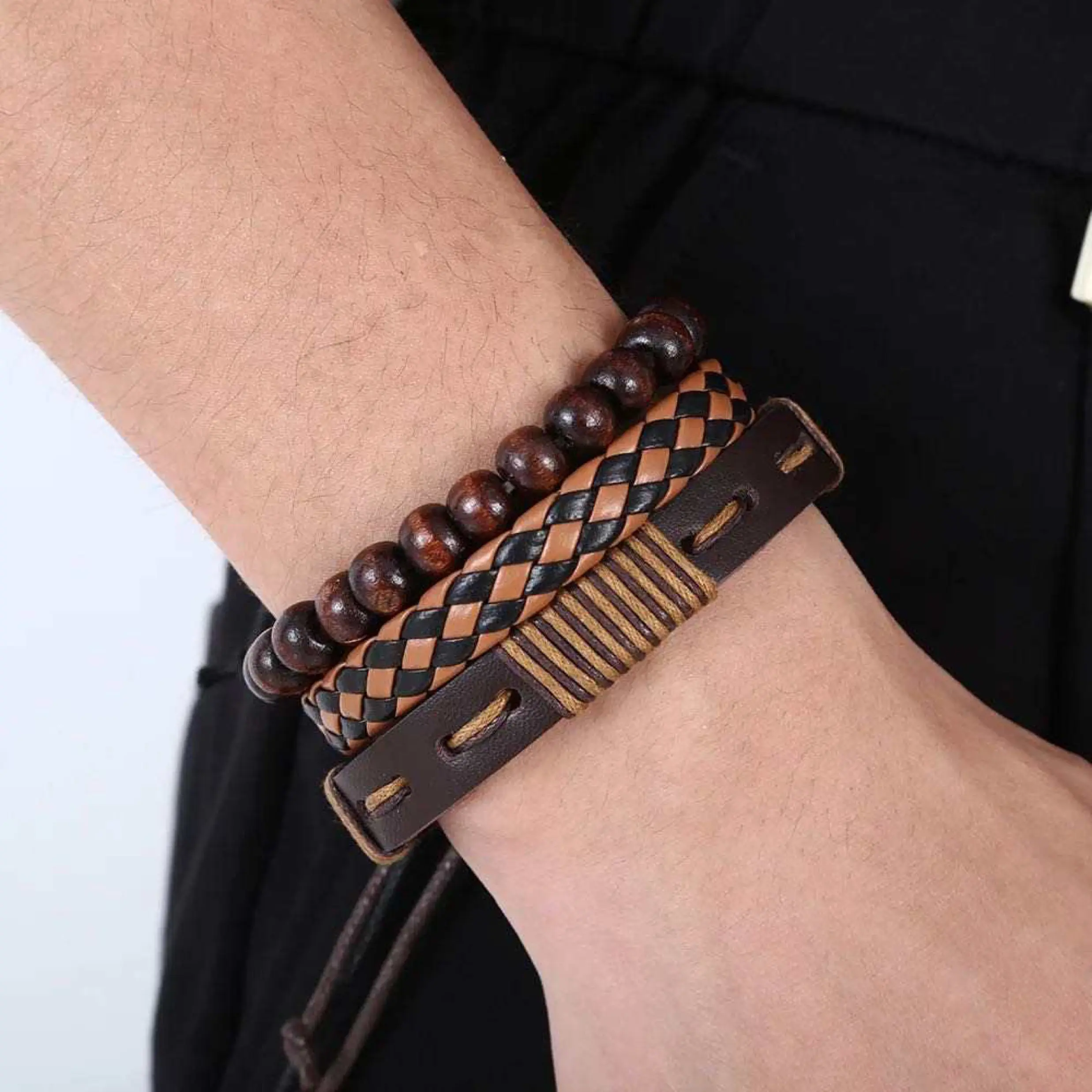 Amostras grátis Europa América Simples Retro Tecido Estilo Punk Couro Multi-layer Set Personality Bracelet