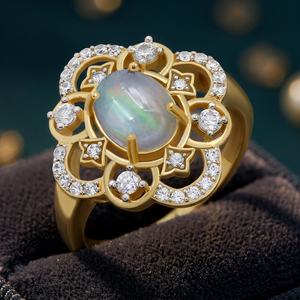 Fine Gourik <b>Gold</b> Plated Ethiopian <b>Opal</b> with Zircon Flower Hollow Design <b>Ring</b> for Women Party Occasion - Product Image 3