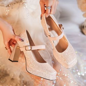 Chaussures Mary Jane à paillettes, bout carré, talon bloc, talon haut, escarpins pour mariage et soirée Y9777 - Product Image 3