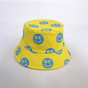 Topi nelayan cetak Sombrero De Cubo wajah tersenyum baru musim panas topi kerai rekreasi dua sisi mode topi Bucket