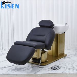 Kisen 2025 New Design Hot Sale Hair Salon Furniture Electric Black Leather Shampoo Chair Massage SPA <b>Bed</b> with Gold Base - Product Image 4