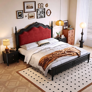 Premium Black Solid Wood Bed Frame French Vintage Wavy Red Velvet Upholstered Headboard Comfortable Bedroom Furniture Stable Hom - Product Image 6