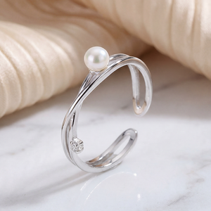 S925 <b>Silver</b> Double Layer Cross Freshwater Pearl Open <b>Ring</b> Minimalist CZ Geometric <b>Adjustable</b> Pearl Jewelry for Women - Product Image 4