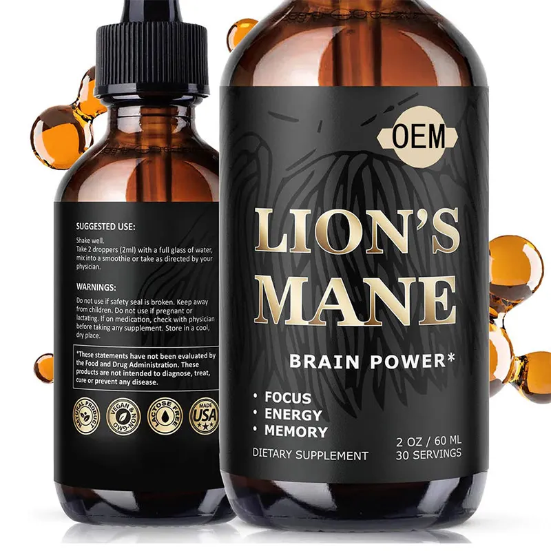 Suplemento de soporte para el cerebro y la seta vegana, extracto líquido de vitamina del león, melena, seta, Etiqueta Privada, melena de León