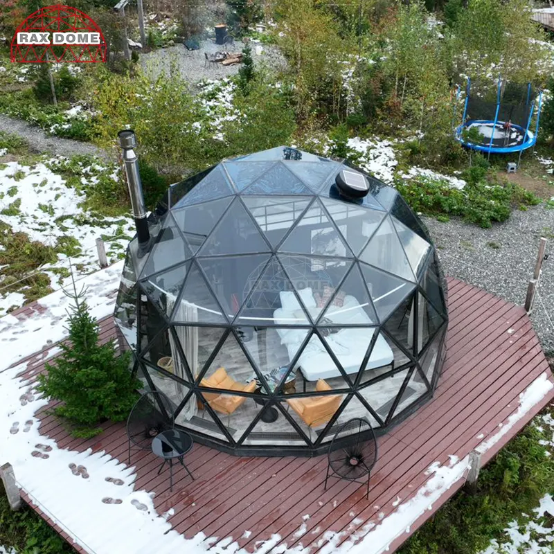 Hotel de tienda redonda de cristal de cúpula geodésica de 7M con estufa en invierno