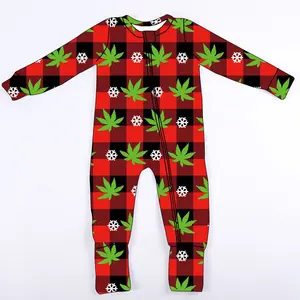 Wholesale 230g Baby Girl Christmas And New Year Printing Jumpsuit Long Girls Romper Fold Over Feet Zipper Sleeper