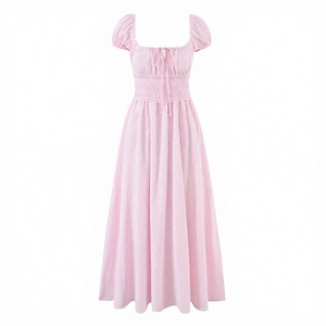 เดรสสั้นแขนสั้นคอเหลี่ยม 2 สี แต่งลูกไม้รูดสม็อคถักโครเชต์ ผ้าเนื้อนุ่ม ระบายอากาศได้ดี สไตล์ลำลองสำหรับฤดูใบไม้ผลิ ความยาวระดับเข่า สำหรับผู้หญิง - Product Image 3