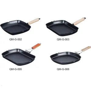 Các loại khác nhau của màu đen không dính thép carbon Fry Grill Pan Set với tay cầm bằng gỗ