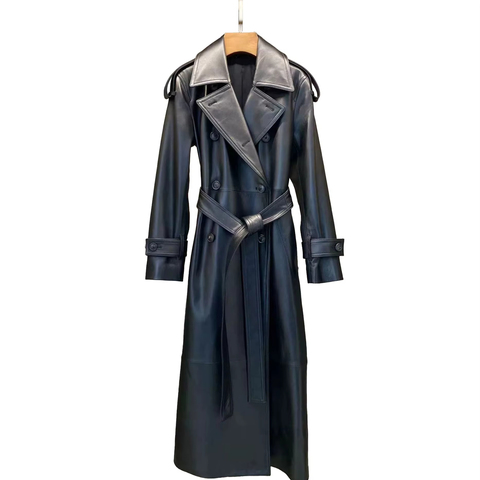 3249 New Arrival Long Style Black Genuine Leather Womens Trench Leather Coat With Belt