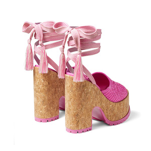 2024 personnalisé concepteur femmes été sandales à talons semelle épaisse bois plate-forme bride à la cheville dentelle Sexy plage semelle compensée PU matériel - Product Image 5