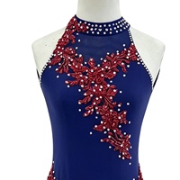 Robe de danse lyrique contemporaine bleu marine pour filles G031, avec appliques en dentelle rouge, sans manches, dos ouvert, jupe en maille, tenue de compétition scénique