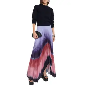 digital printing color blocked long skirts women elegant formal career skirt dress modest pleated satin maxi skirt