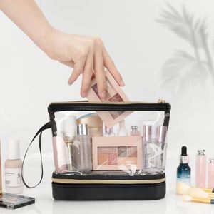 Sac cosmétique en PVC transparent à double couche, étanche, organiseur de toilette de voyage avec fermeture éclair - Product Image 3