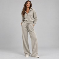 Ensemble de survêtement gris à capuche zippé pour femme, 2 pièces, manches longues, coupe ample, pantalon tricoté avec cordon de serrage et taille élastique, décontracté, toutes saisons