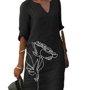 Vestido midi con estampado floral y cuello en V, transpirable, informal, para uso diario - Product Image 5