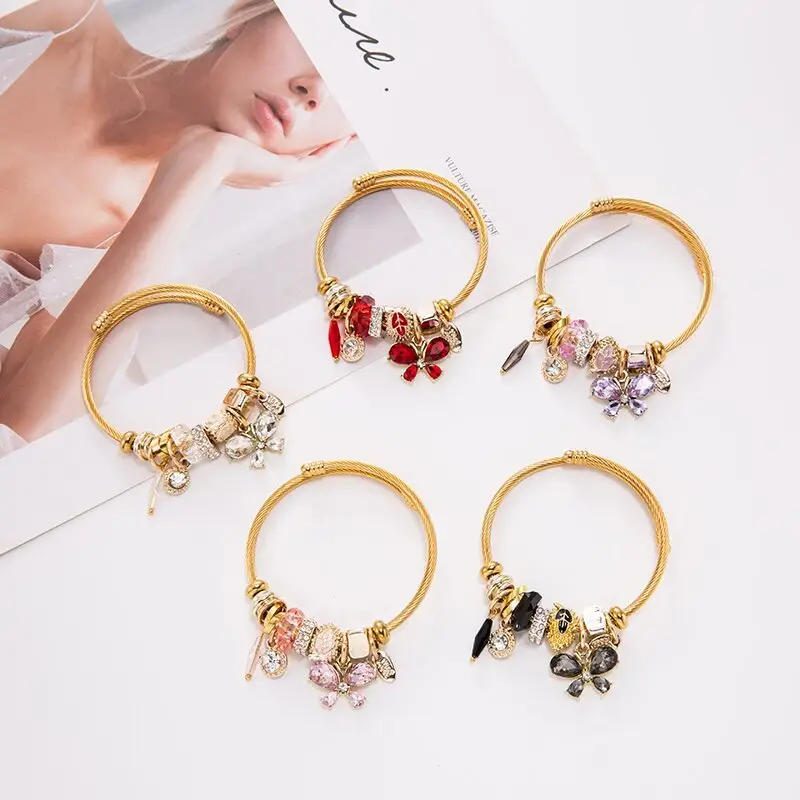 High Quality Stainless Steel Crystal Charm Bracelet Gold Plated Butterfly Large Hole Charm Bracelets For Women