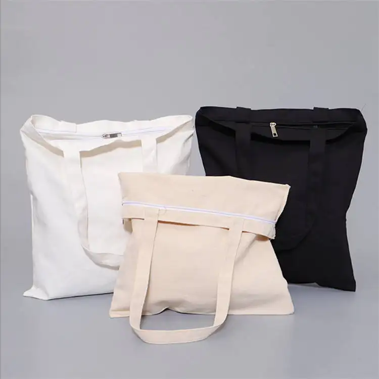 Custom Eco Friendly Design Natural Color 100% Cotton Canvas Tote Bag With Zipper