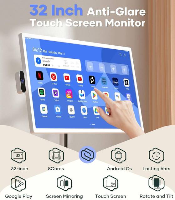 27 Inch Smart Portable TV Android 13 Built-in Camera 6+128GB Rotatable Touch Screen 12000mAh Rechargeable 1920x1080