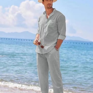 ชุดกีฬาฤดูร้อนปี 2025 ชุดลำลองชายหาดผู้ชาย เสื้อแขนยาว กางเกงขายาว ชุดทำงาน ชุดสองชิ้น - Product Image 2