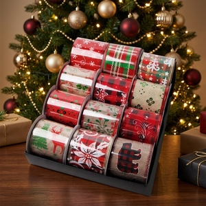 Cinta de Alambre Navideña Personalizada con Impresión de 63 mm |   Cinta de Arpillera con Borde de Lino de Lujo para Envolver Regalos al por Mayor - Product Image 1