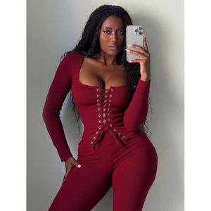 Custom 2026 Women <b>Bodycon</b> <b>Jumpsuit</b> Square Neck <b>Lace</b> Up Knit Stretchy Club Outfit Breathable Fashion Dress - Product Image 6