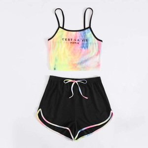 Conjunto de 2 piezas de top y pantalones cortos con estampado tie-dye para mujer, conjunto sexy sin mangas para dormir en verano - Product Image 6