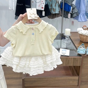 Vêtements d'été pour filles, ensemble de mode deux pièces, t-shirt à col polo, jupe à volants superposés, tenue décontractée - Product Image 1