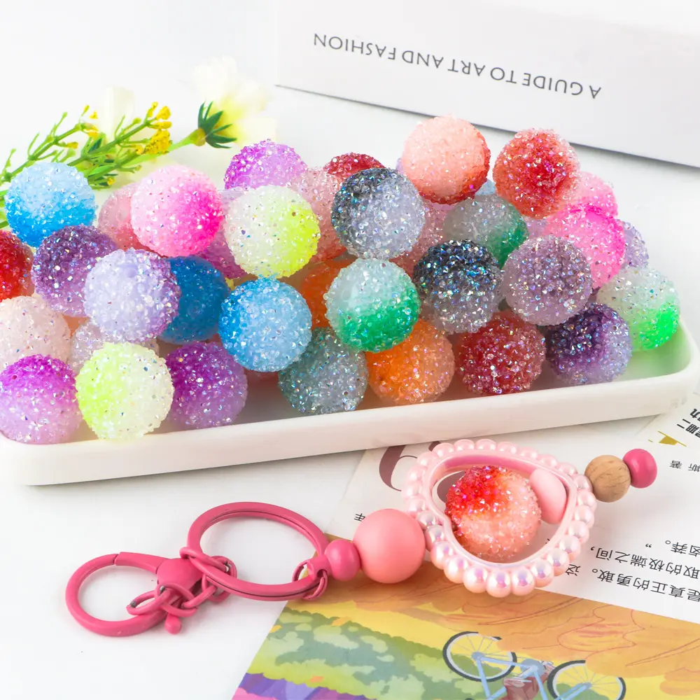 Kovict New Arrival 20mm Gradient Rhinestone Bubblegum Acrylic Sugar Beads Round Acrylic Chunky Beads For Beaded Pen Making