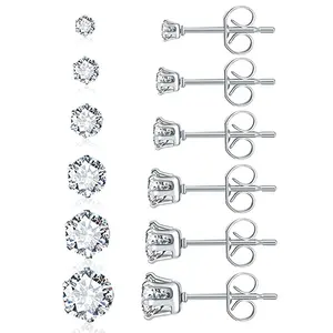 QIUHAN ODM Hypoallergenic Women Earrings Earrings Studs Cubic Zirconia Surgical Steel Hot Sale 6 Pairs Stainless Steel Zircon