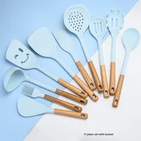 Peralatan Dapur Silikon Gagang Kayu Eropa Anti Lengket Anti Selip Anti Panas Set 10 Buah Biru Set Peralatan Masak Oven dan Dishwasher