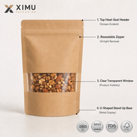 Ximu Verpakkingen Bruin Kraft Papier Staande Pouch met Hoge Transparantie Doorzichtige Venster Herbruikbare Ritszak Voedsel Koffie Groothandel Fabriek