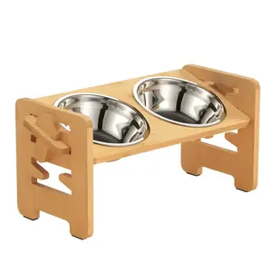 高架狗碗可调食物碗双宠物碗耐用竹制狗碗